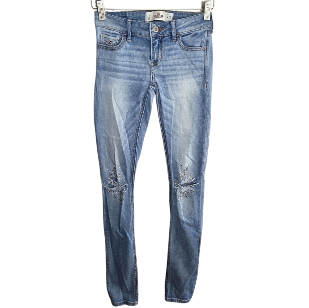 Hollister | Light Wash Distressed Embellished Studded Knee Skinny Jeans Size 00